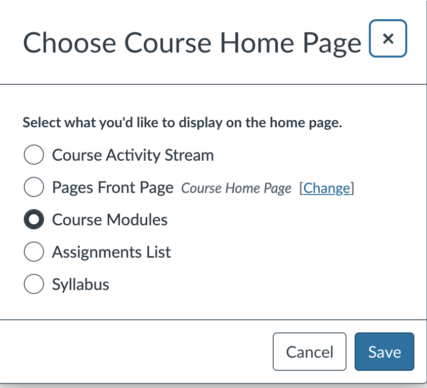 Choose Course Home Page pop up indicating Course Modules option